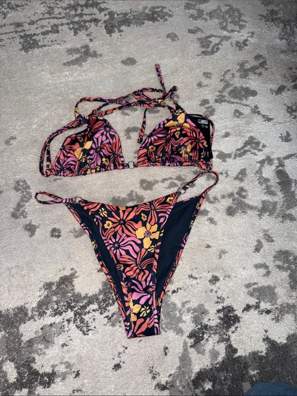 Weekday Swim Floral Triangle String Bikini - blue with Pink & Orange Flowers